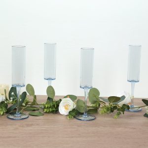 6-Pack Transparent Dusty Blue Plastic Champagne Flute Glasses 6oz, Cylindrical Shape with Long Stems - Reusable Wine Mimosa Goblets 9.5" Tall